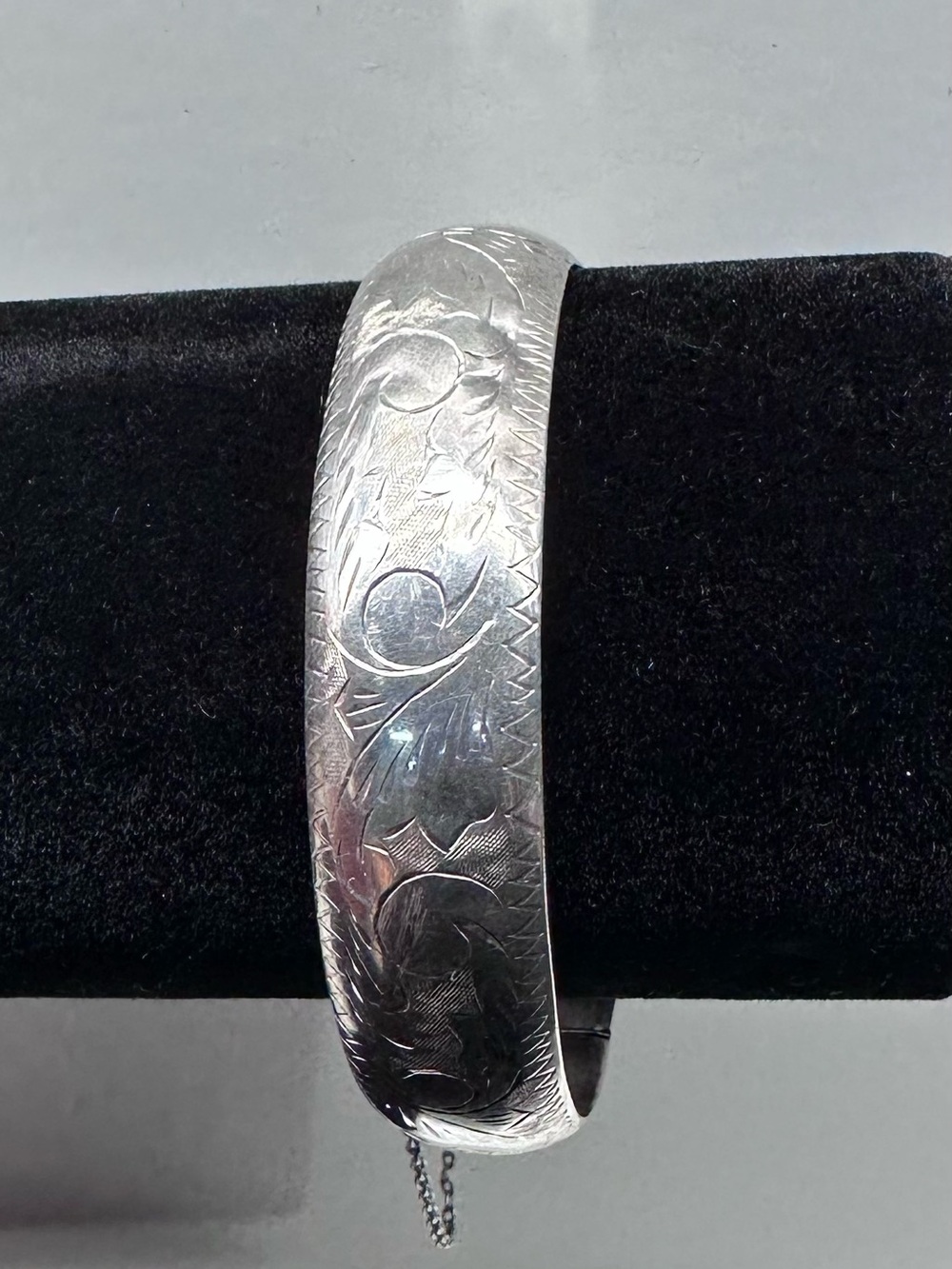 Sterling Silver Engraved Floral Bangle Bracelet - Silver